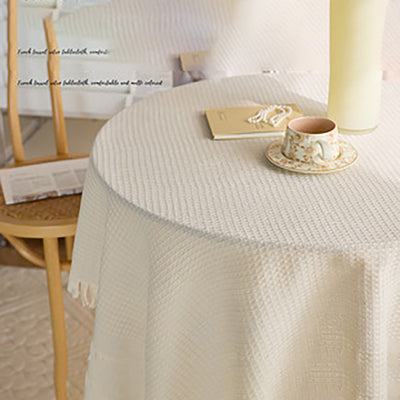 French Country Linen Tablecloth with Tassels - White Round Table Cover