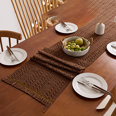 Woven Fringed Table Runner - Natural Linen Rustic Table Cover