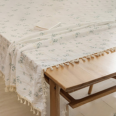 Lilac Floral Print Tablecloth - Cottagecore Linen Desk Cover