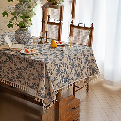 French Vintage Floral Tablecloth - Linen Fringed Rectangle Table Cover