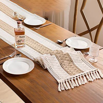 Color Block Woven Table Runner - Knotted Fringe Bohemian Table Decor