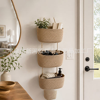Cotton Rope 3-Tier Hanging Basket - Behind-Door Storage Organizer